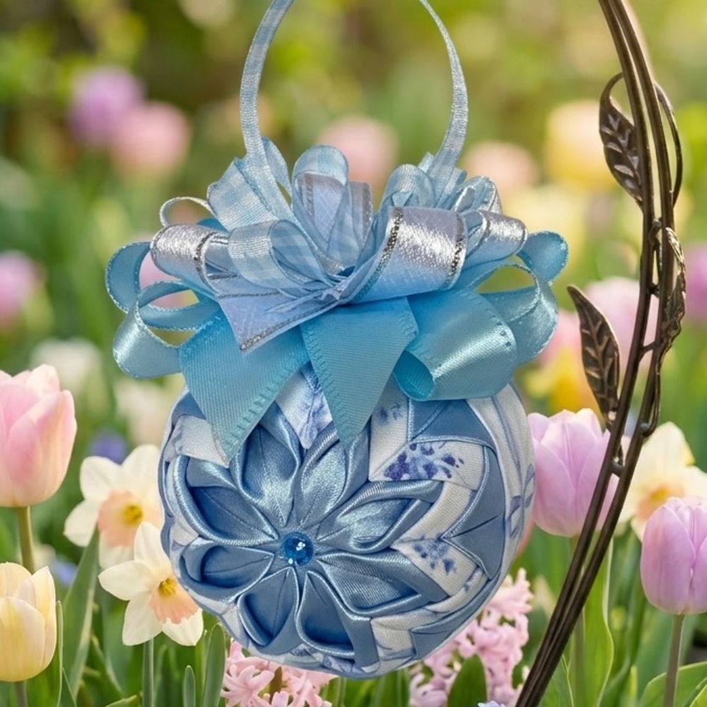 Blue Floral Flower Ribbon Bow Holiday Christmas Ornament